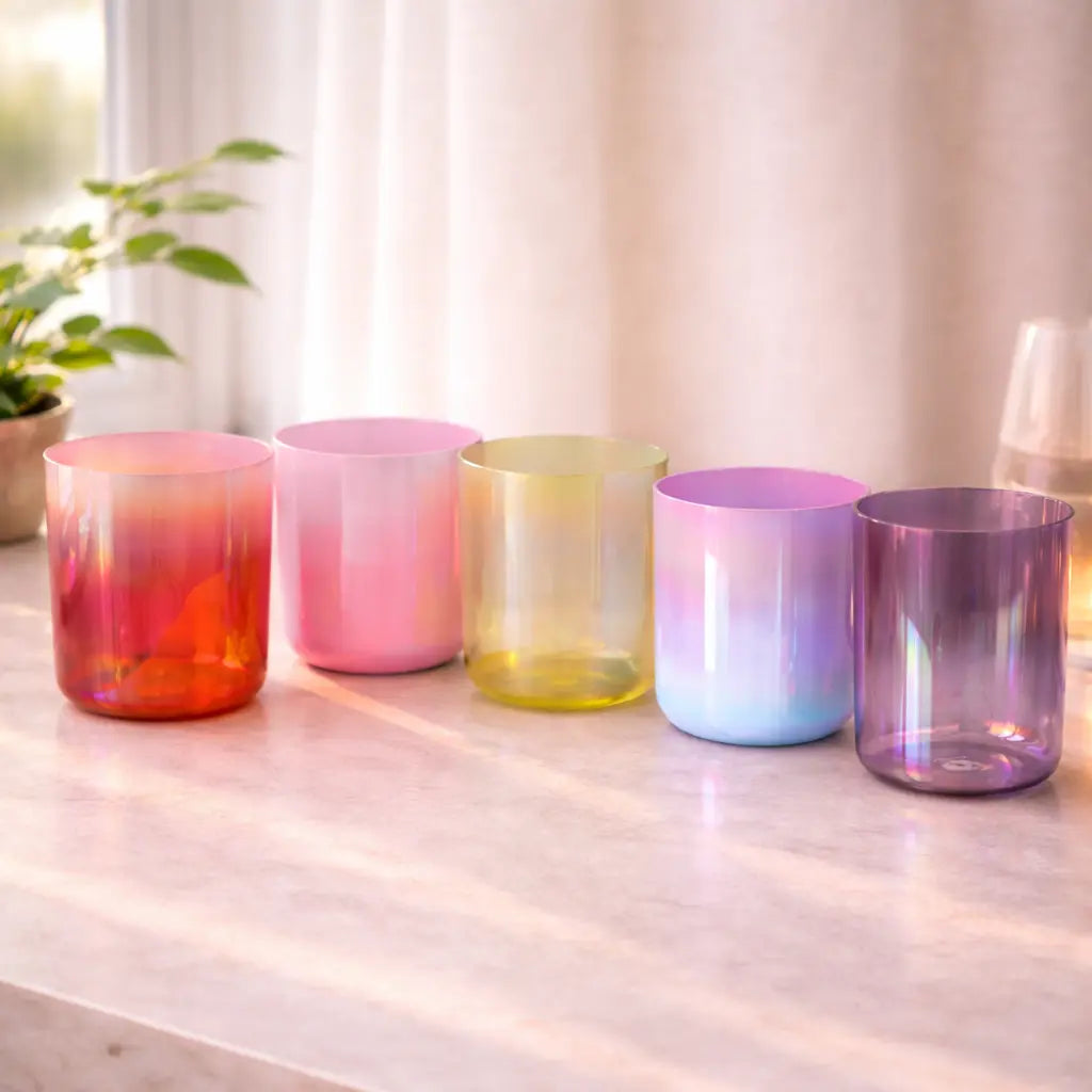 Set of colorful glass tumblers on a wooden surface with a blurred background