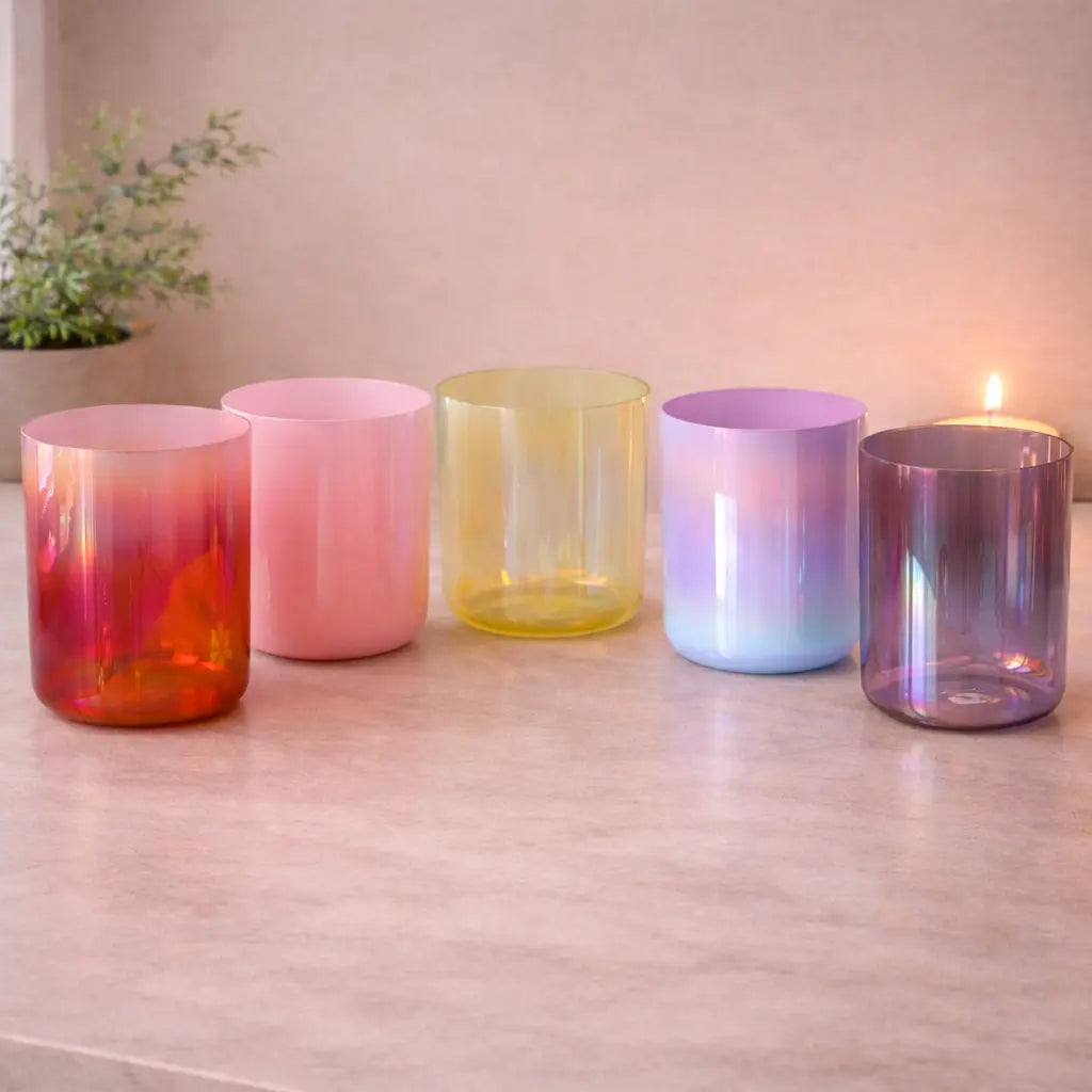 Set of colorful glass candle holders on a wooden surface with a blurred background