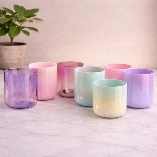 Set of colorful gradient tumblers on a light surface with a plant in the background