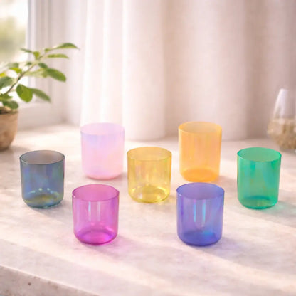 Set of colorful glass tumblers on a light wooden surface with a blurred background